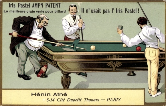 Chromo-Litho men at the billiard table, advertising Iris Pastel green billiard chalk