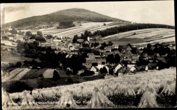 Postcard Thuringian Forest, Hohe Möst, landscape with Meselbach, fields and mountains in Thuringia