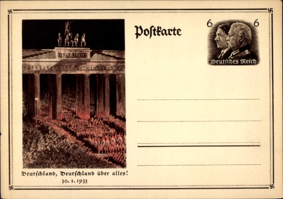 Ganzsachen Ak Berlin, Deutschland über alles, Aufmarsch 30. Januar 1933, Brandenburger Tor