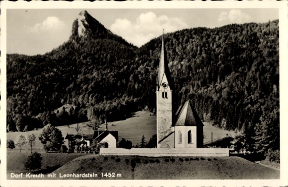 Postcard village Kreuth am Tegernsee Upper Bavaria, church with Leonhardstein