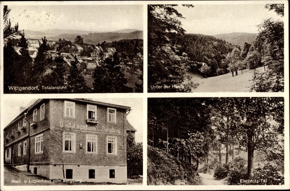 PC Wittgendorf Thuringia, total view, inn and lodging house on the castle hill, Unter der Haide