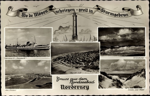 Ansichtkaart Norderney in Ostfriesland, stoomboot Frisia IV, luchtfoto, branding, duinen