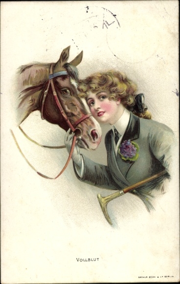 Artist Postcard thoroughbred, woman in riding clothes with horse