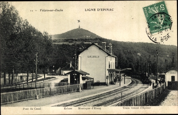 Postcard Velars sur Ouche Côte-d&#39;Or, The Station, Canal Bridge, Lock, Montagne d*Etang