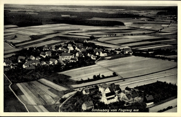 Postcard Schönebürg Schwendi in Upper Swabia, aerial photograph, rural surroundings, houses, fields, forest