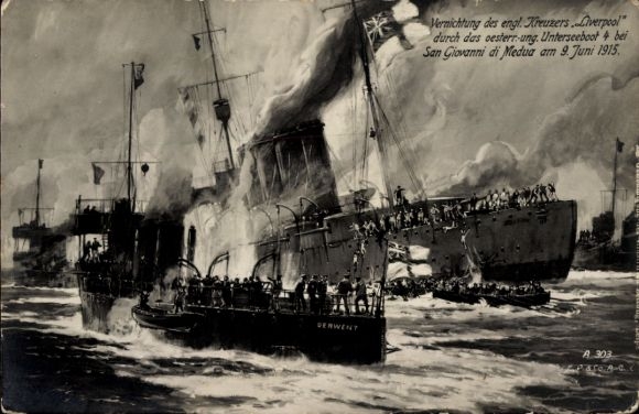 Künstler Ak Vernichtung des englischen Kreuzers Liverpool durch österr.-ungar. Unterseeboot 4, 1915