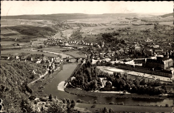 Postcard Echternacherbrück in the Eifel, landscape with river, bridge, trees, houses, hills