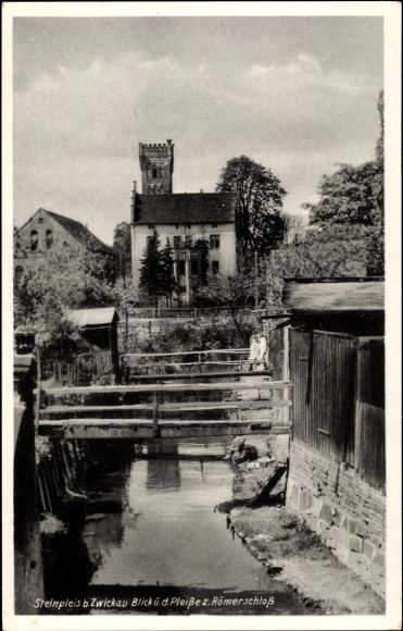 Postcard Steinpleis Werdau in Saxony, view over i.e. Pleisse z. Roman castle, bridges