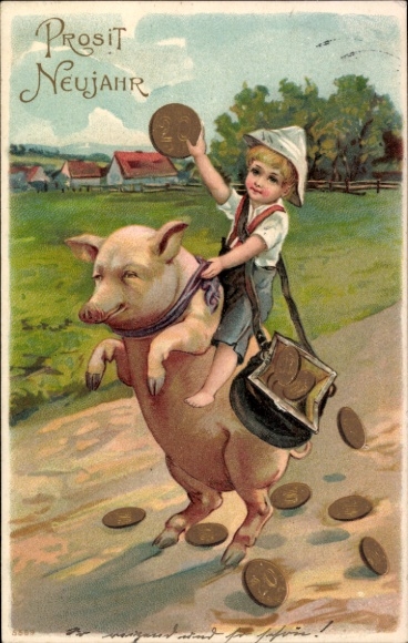 Embossed Postcard Congratulations New Year, pig, gold coins