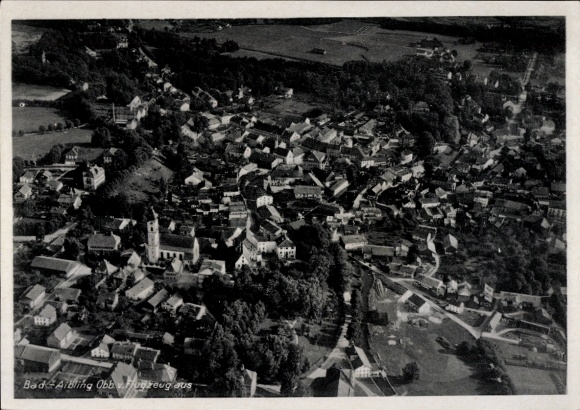 Postcard Bad Aibling in Upper Bavaria, aerial view of many houses, church, landscape
