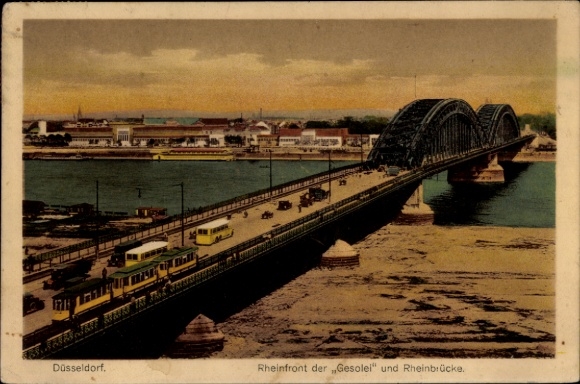 Ak Düsseldorf am Rhein, Rijnfront van de Gesolei, Rijnbrug, tram