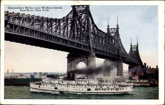 Postcard New York City USA, Queensboro Brider, Welfare Island, East River