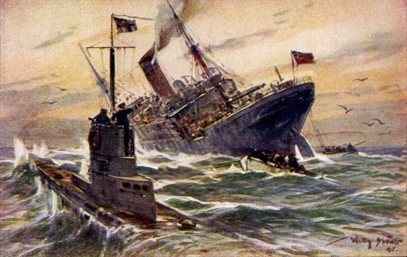 Artist Postcard Stöwer, Willy, Destruction of an English merchant steamer by a German submarine
