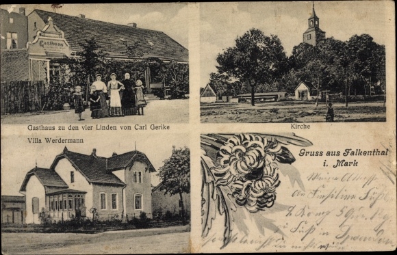 Postcard Falkenthal Löwenberger Land Brandenburg, church, Villa Werdermann, inn to the four lime trees