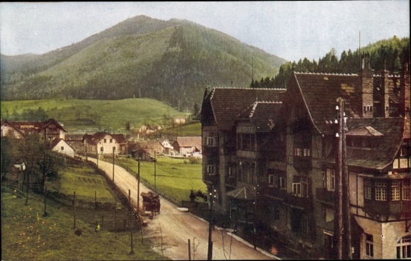 Postcard Steinhaus am Semmering Styria, landscape with mountains, road, houses, Steinhaus am Semmer