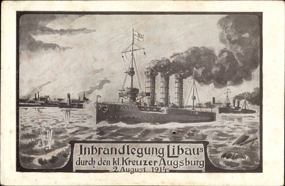 Postcard Deutsches Kriegsschiff, SMS Augsburg, Imperial Navy, burning Libau 1914