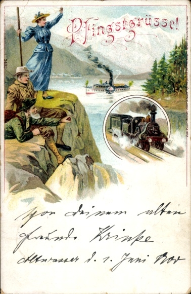 Chromo-Litho Congratulations Pentecost, hiker, railway, steamer