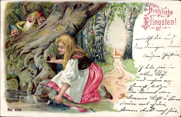 Chromo-Litho Congratulations Pentecost, girl scooping water, dwarves, tree