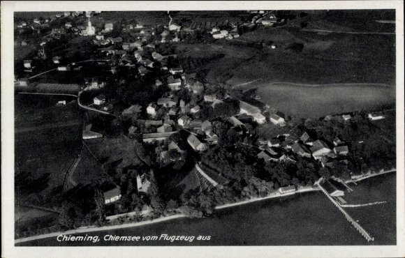 Postcard Chieming am Chiemsee Upper Bavaria, aerial photograph of the Chiemsee, several houses