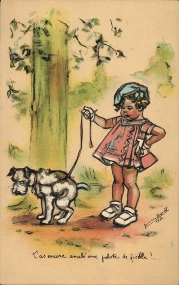 Artist Postcard Bouret, Germaine, Girl walking dog