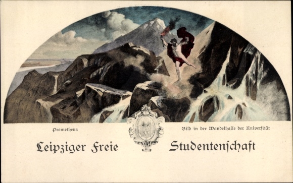 Studentika Postcard Leipzig in Sachsen, Prometheus, paintings in the lobby of the university