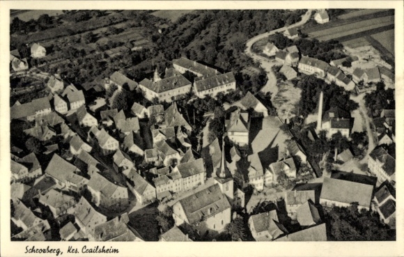 Postcard Crailsheim in Württemberg, aerial view of Schoenberg, many houses, rural surroundings