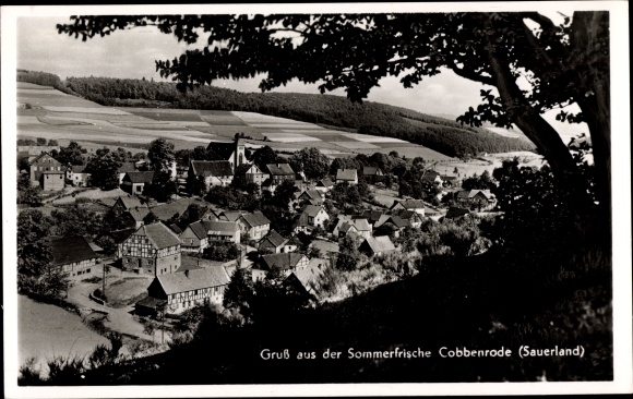 Postcard Cobbenrode Eslohe Sauerland, town view, half-timbered houses, church