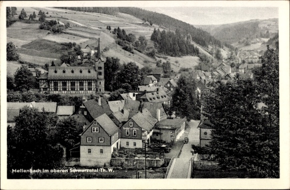 KP Mellenbach Glasbach w Turyngii Schwarzatal, przód przedstawia Mellenbach, budynki, krajobraz