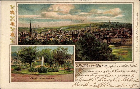 Kunstenaarskaart Dutzauer, Max, Gera in Thüringen, prinselijke moestuin, panorama