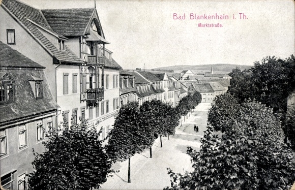 Postcard Blankenhain in Thuringia, front view of the market street, houses, trees, people