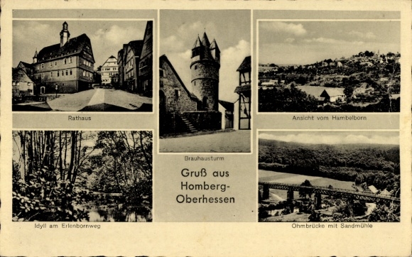 Postcard Homberg an der Efze Hesse, Brewery Tower, Ohm Bridge, Town Hall