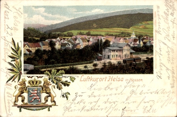 Coat of arms Postcard Helsa Hessen, total view, train station