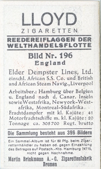 Zbiorowe zdjęcie flag towarzystw żeglugowych Światowej Floty Handlowej, nr 196 Anglia, Elder Dempster Lines