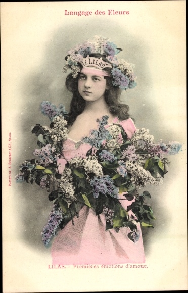 Postcard Flower Language, Lilac, Flieder, Blumensprache, Frau