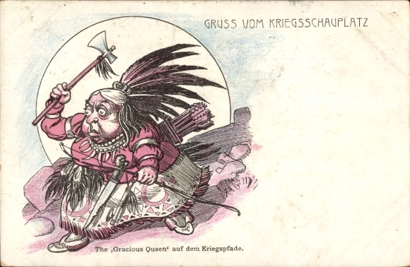 Artist Postcard Greetings from the Battlefield, The Gracious Queen on the Warpath, Victoria, Boer War
