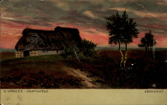 Artist Postcard Wencke, S., Worpswede in Lower Saxony, sunset, thatched roof house