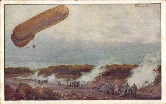 Artist Postcard Schulze, Hans Rudolf, Tethered Balloon of the German Air Fleet in World War I, Artillery