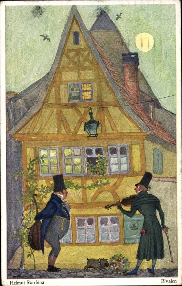 Artist PC Skarbina, Helmut, rivals, two men play music under a window