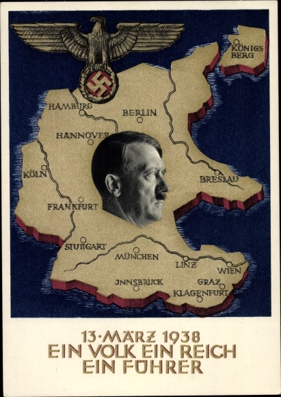 Artist Postcard Klein, One people, one empire, one leader, annexation of Austria in 1938, Greater Germany