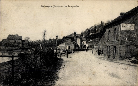 Postcard Brionne Eure, street in Brionne, Les Longraults, buildings, people, DUBONNEY