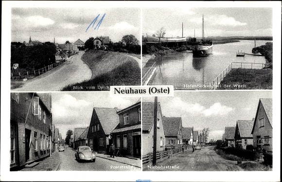 Ak Neuhaus an der Oste, Blick vom Deich, Hafenbecken bei der Werft, Poststraße, Niebuhrstraße
