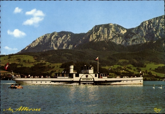 Parowiec z saloonem na pocztówce Unterbach nad Attersee, Höllengebirge, Salzkammergut