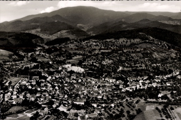 Postcard Sitzenkirch Kandern in the Black Forest Baden, aerial view of landscape with mountains, forest and village