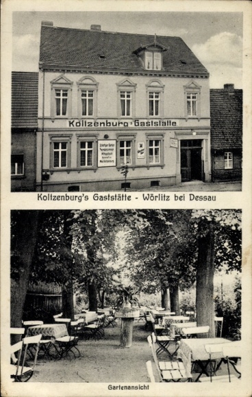 Ak Wörlitz in Anhalt, Wörlitz Park, restaurant Kollzenburg, uitzicht op de tuin