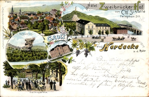 litho Herdecke an der Ruhr, algemeen beeld, Hotel Zweibrücker Hof, duivelspreekstoel