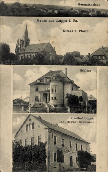 Postcard Luppa Radibor in Saxony, general view, church, castle, Luppa Inn, Oswald Schumann