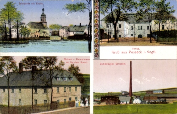 PC Posseck Triebel in Vogtland, castle, bakery and material goods store, Carlswerk steam brickworks