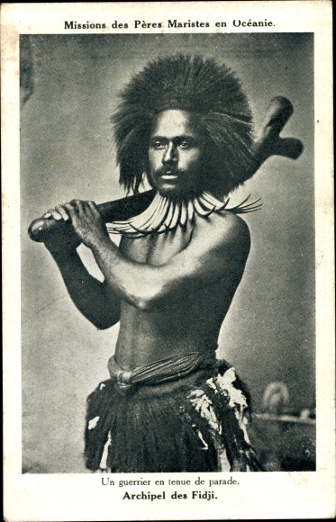 Postcard Fidschi Inseln, a warrior in parade dress, Missions of the Marist Fathers