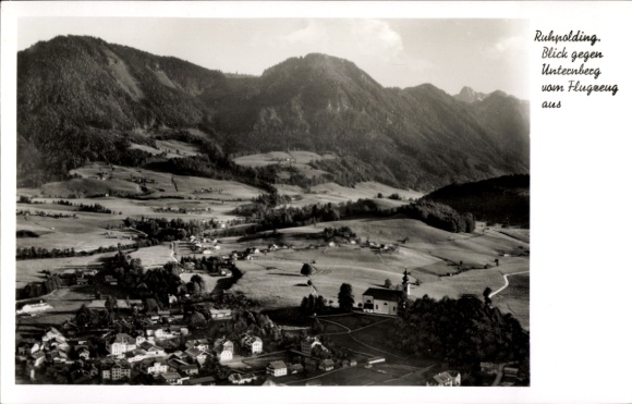 Postcard Ruhpolding in Upper Bavaria, aerial view of Unternberg, mountains and landscape