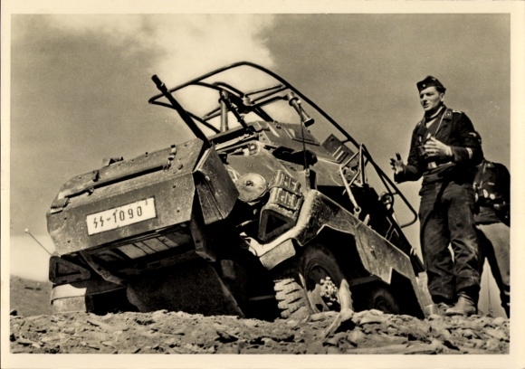 Postcard Waffen SS, armored reconnaissance vehicle after use, registration number SS-1090